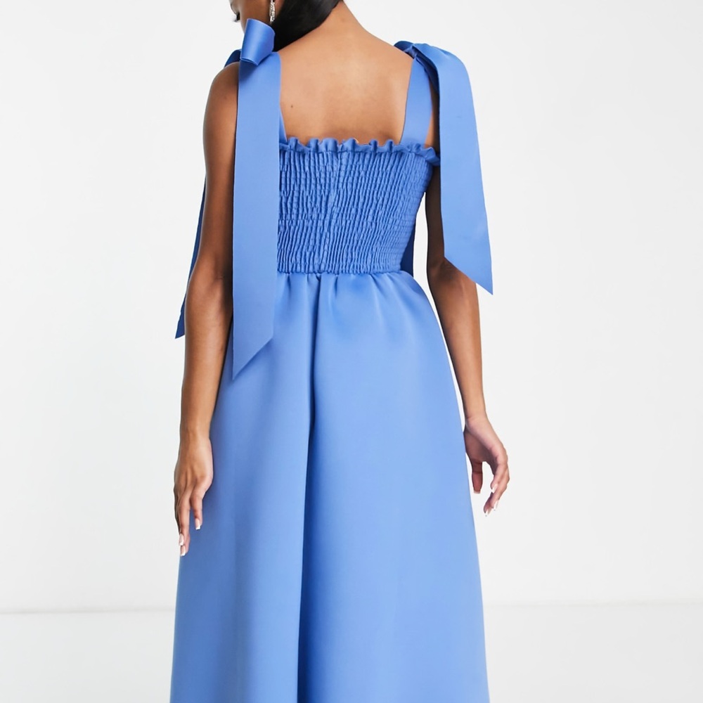 Asos Petite shirred bunny tie prom midi dress in parisian blue